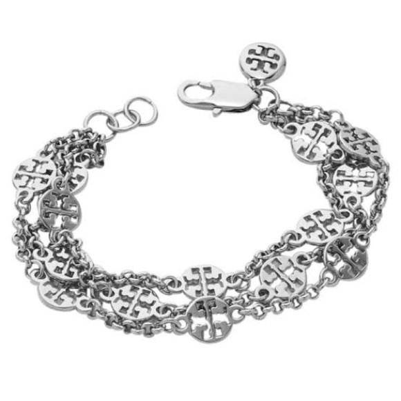 Tory Burch Silver Logo Triple Chain Bracelet
